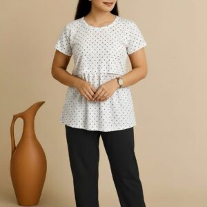 White Black Dotted Feeding Top and Black Plain Palazzo Set