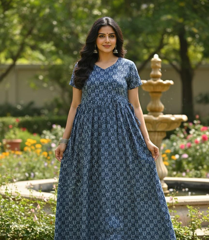 Indigo - Feeding Maxi with invisible Zip - Puff sleeves
